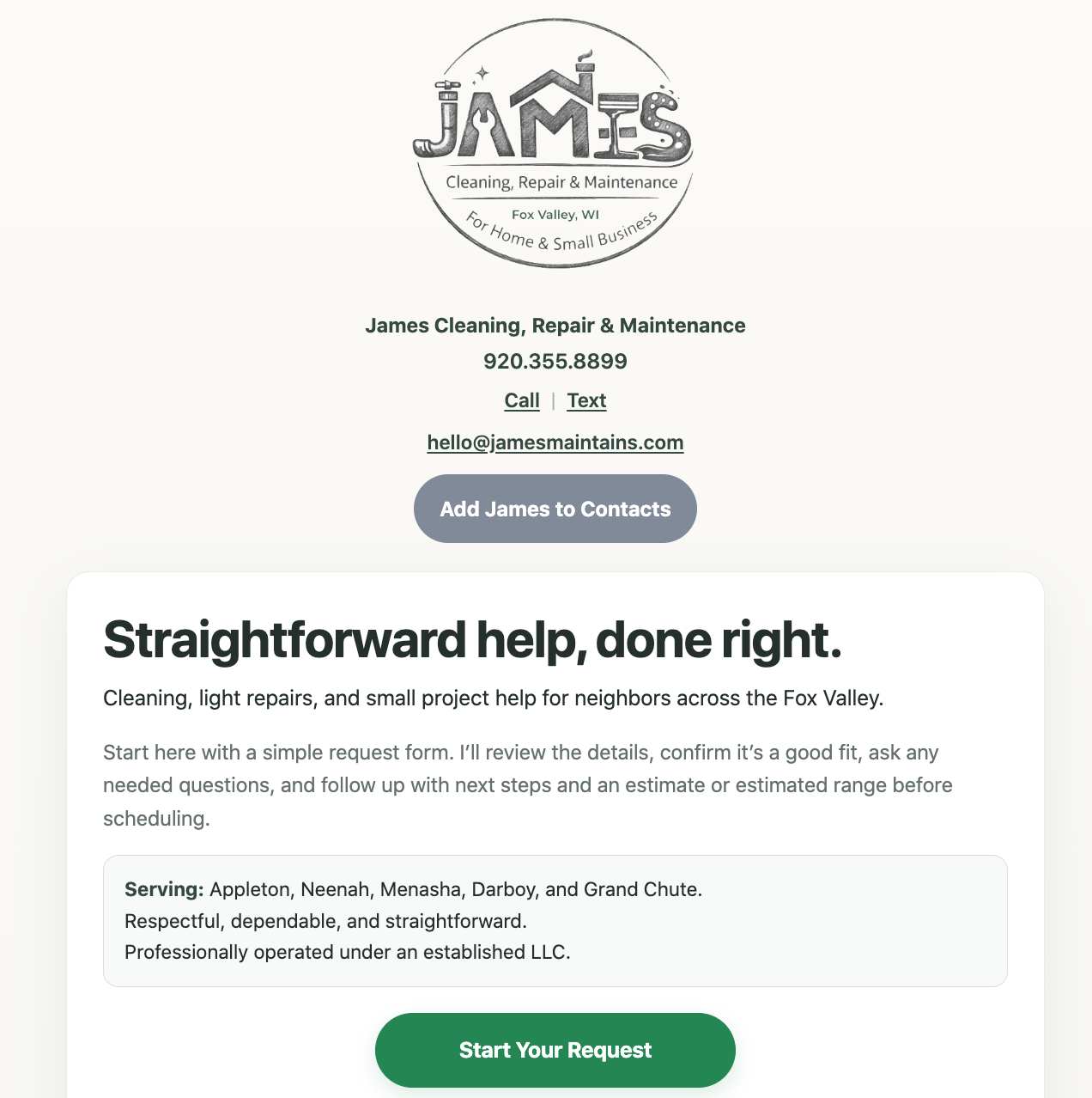 Mobile screenshot of the James Cleaning, Repair and Maintenance homepage with logo, contact options, service summary, and Start Your Request button.