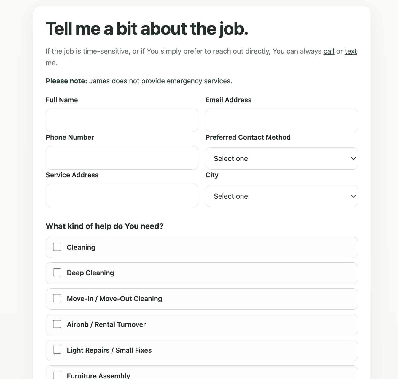 Mobile screenshot of the James Cleaning, Repair and Maintenance job request form with service options, contact fields, photo upload fields, and job notes.
